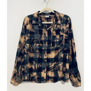 Betty Boop Top Womens Medium Black Bleached Plaid Flannel Motorcycle Boho Grunge